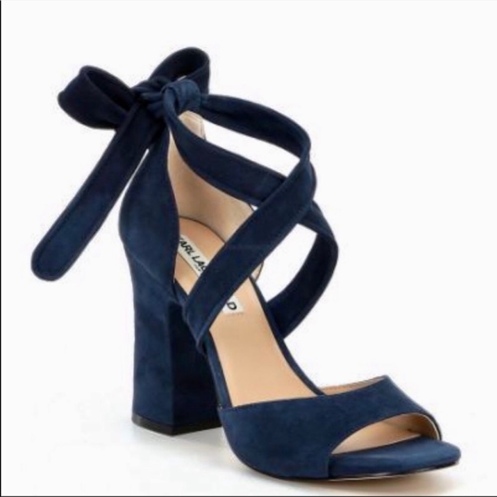 Karl Lagerfeld Navy Blue Suede Wrap-Ankle Block Heel Sandals